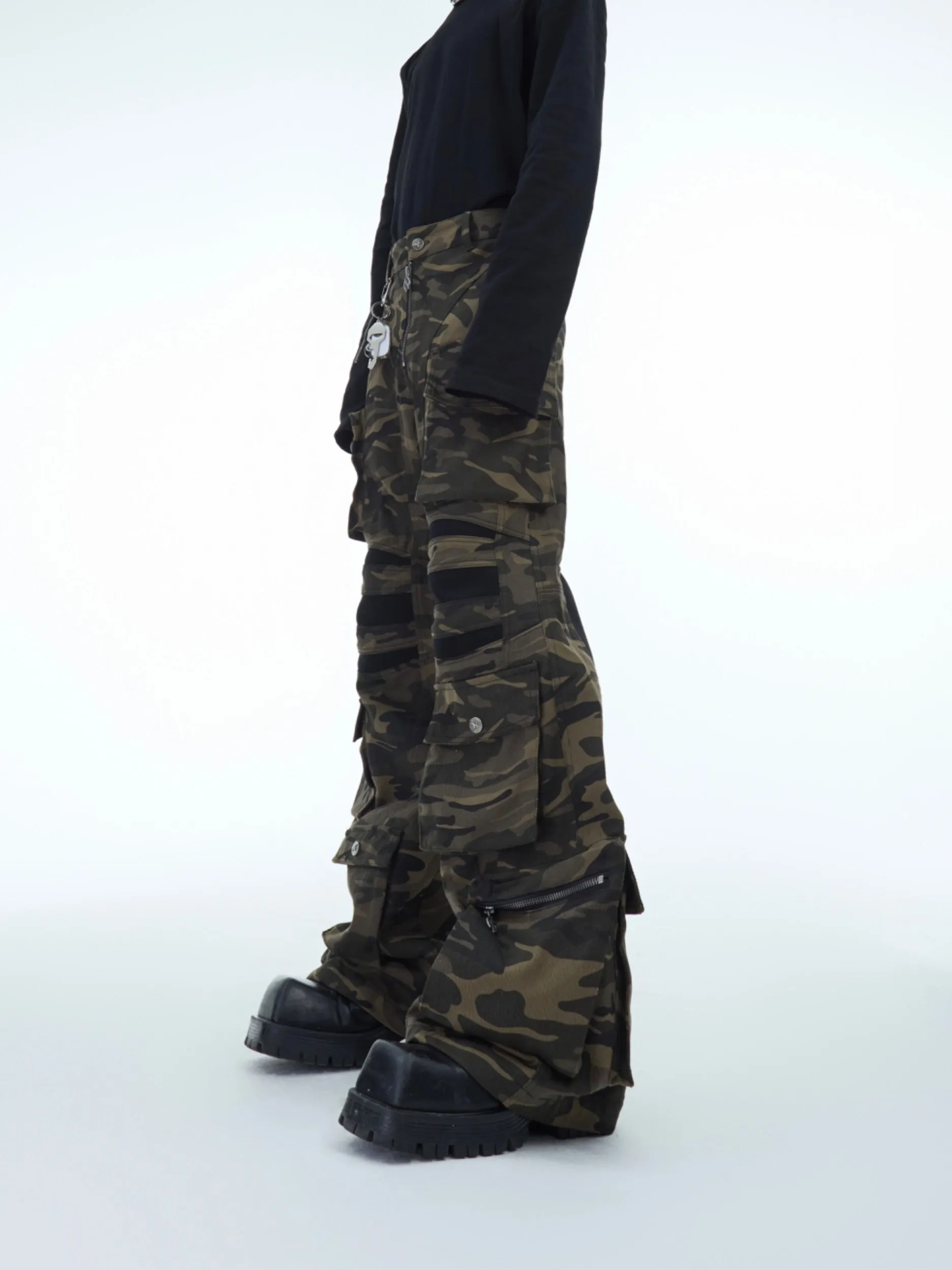 【24s Dec.】Vintage distressed washed camouflage loose overalls