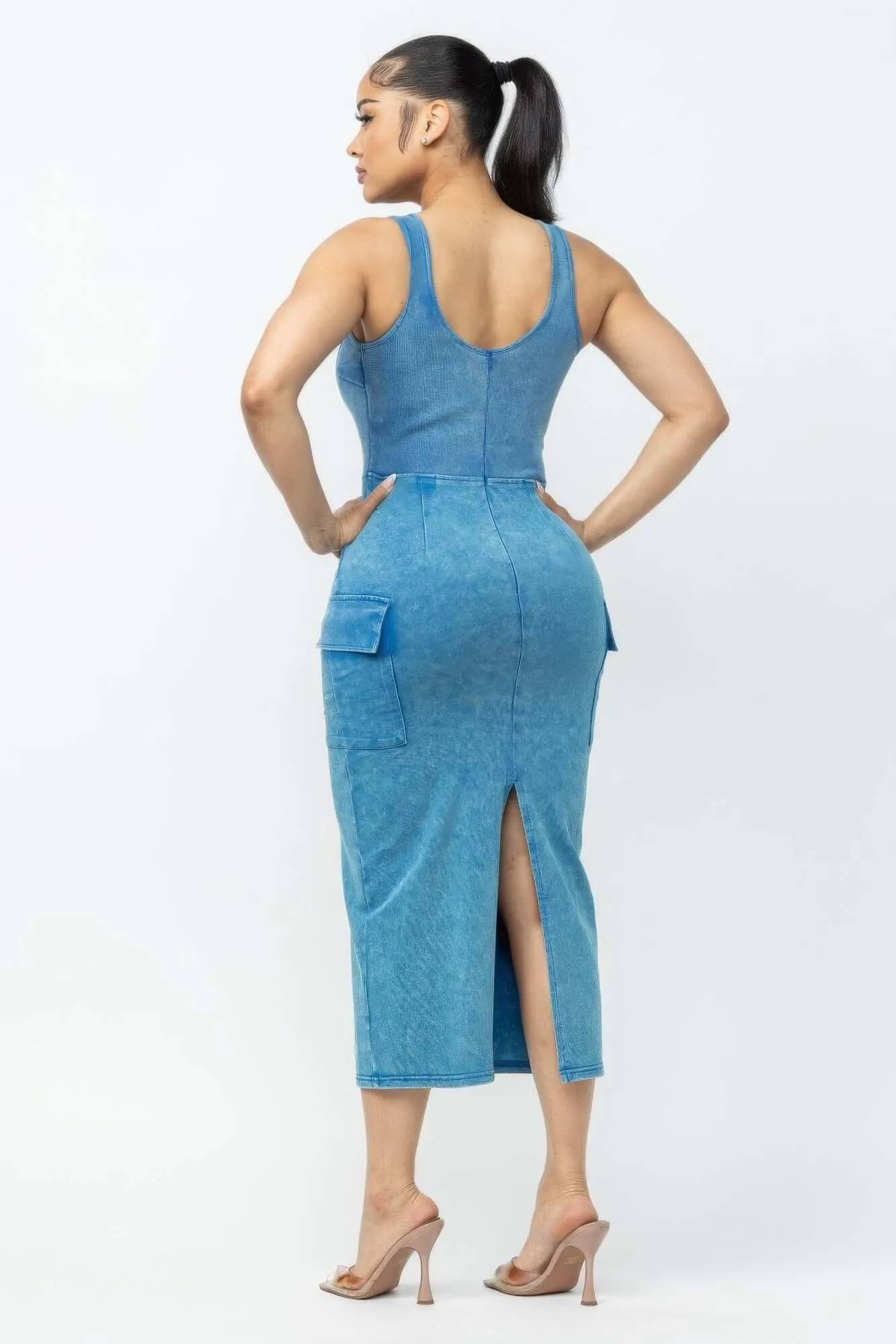 Acid Washed Light Denim Cargo Midi Dress