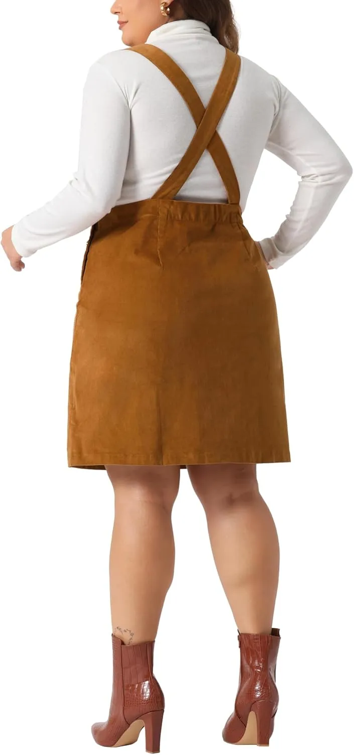 Agnes Orinda Plus Size Women's Suspender Skirt Adjustable Strap Pinafore Corduroy Overalls Dress Skirts