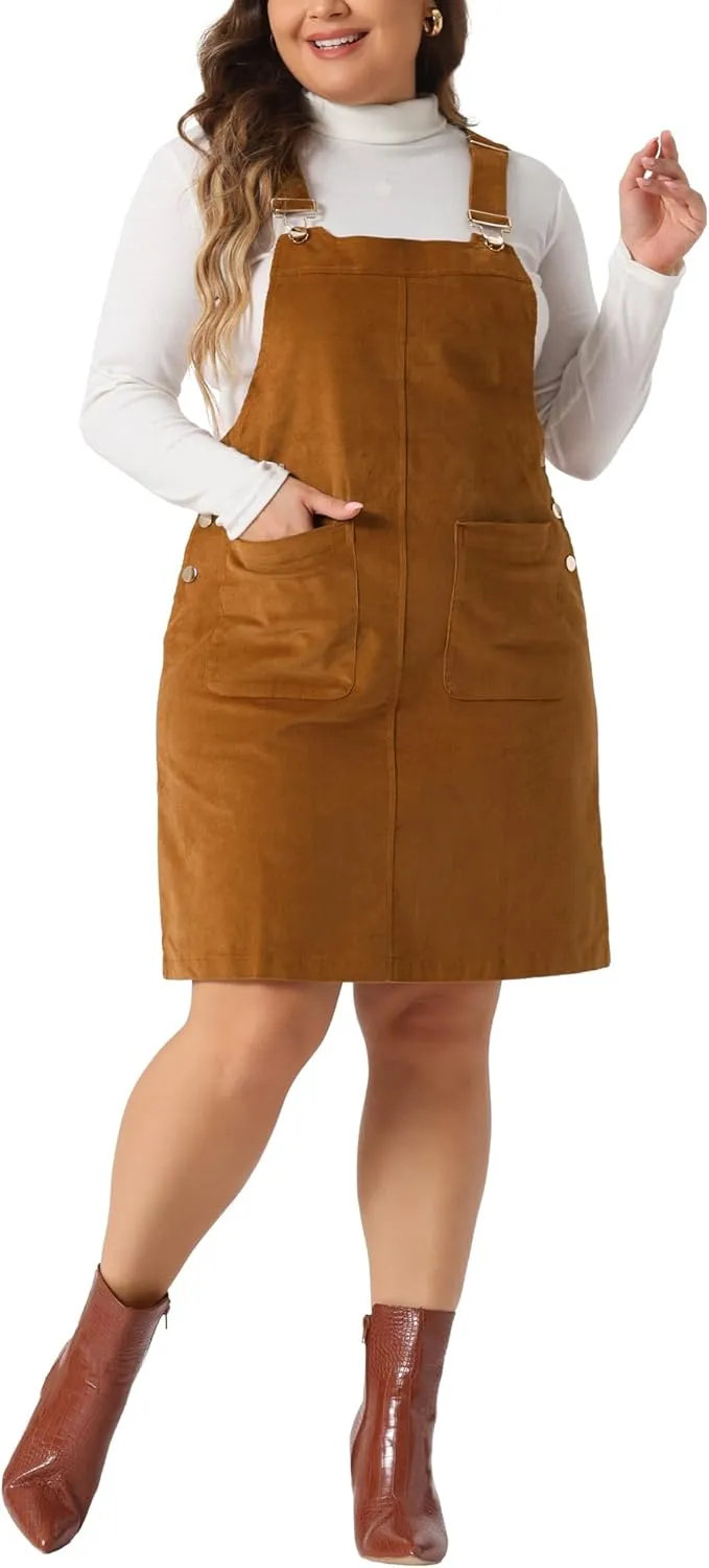 Agnes Orinda Plus Size Women's Suspender Skirt Adjustable Strap Pinafore Corduroy Overalls Dress Skirts