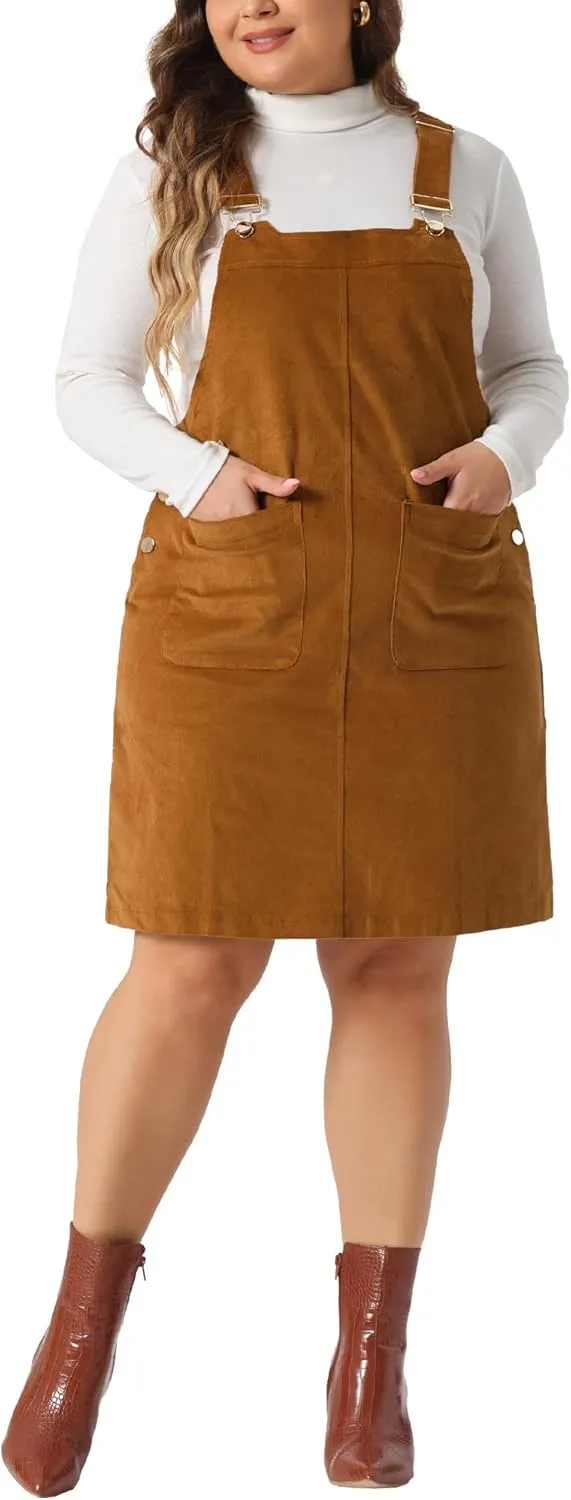 Agnes Orinda Plus Size Women's Suspender Skirt Adjustable Strap Pinafore Corduroy Overalls Dress Skirts