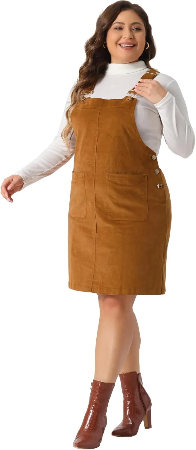 Agnes Orinda Plus Size Women's Suspender Skirt Adjustable Strap Pinafore Corduroy Overalls Dress Skirts