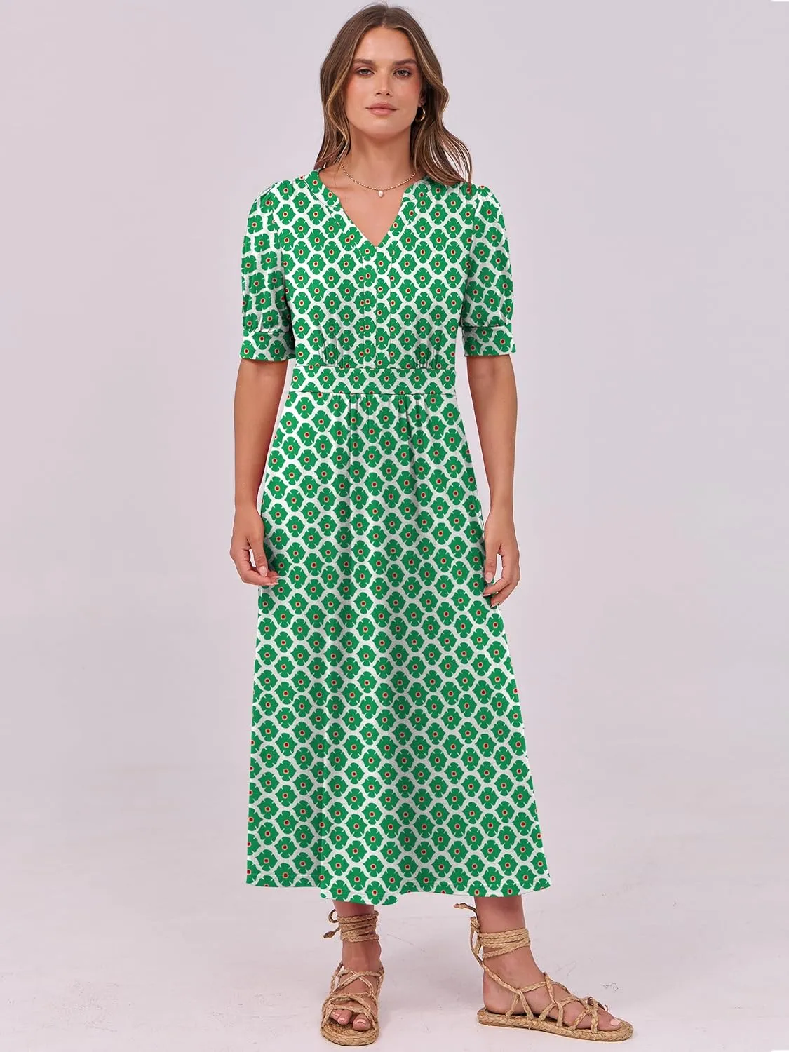 ANRABESS Women Boho Maxi Dresses Summer Short Sleeve V Neck Flowy Swing A-Line Casual Beach Long Dress