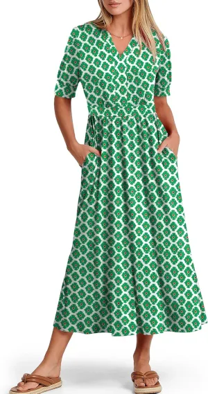 ANRABESS Women Boho Maxi Dresses Summer Short Sleeve V Neck Flowy Swing A-Line Casual Beach Long Dress