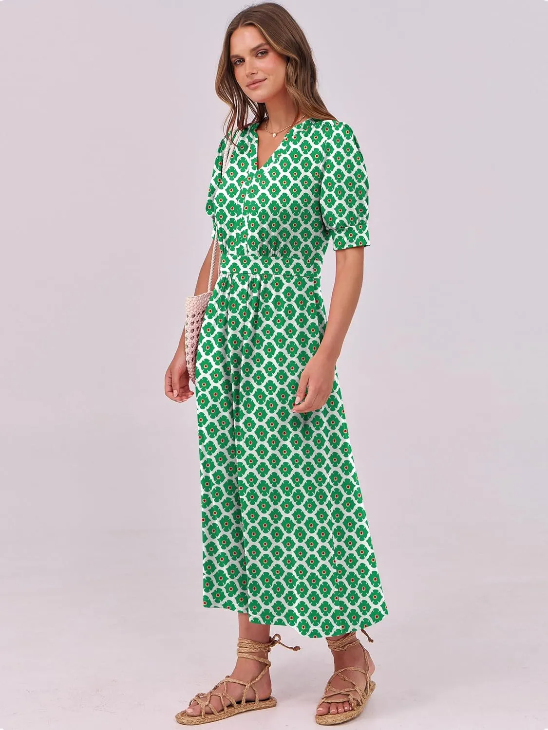 ANRABESS Women Boho Maxi Dresses Summer Short Sleeve V Neck Flowy Swing A-Line Casual Beach Long Dress