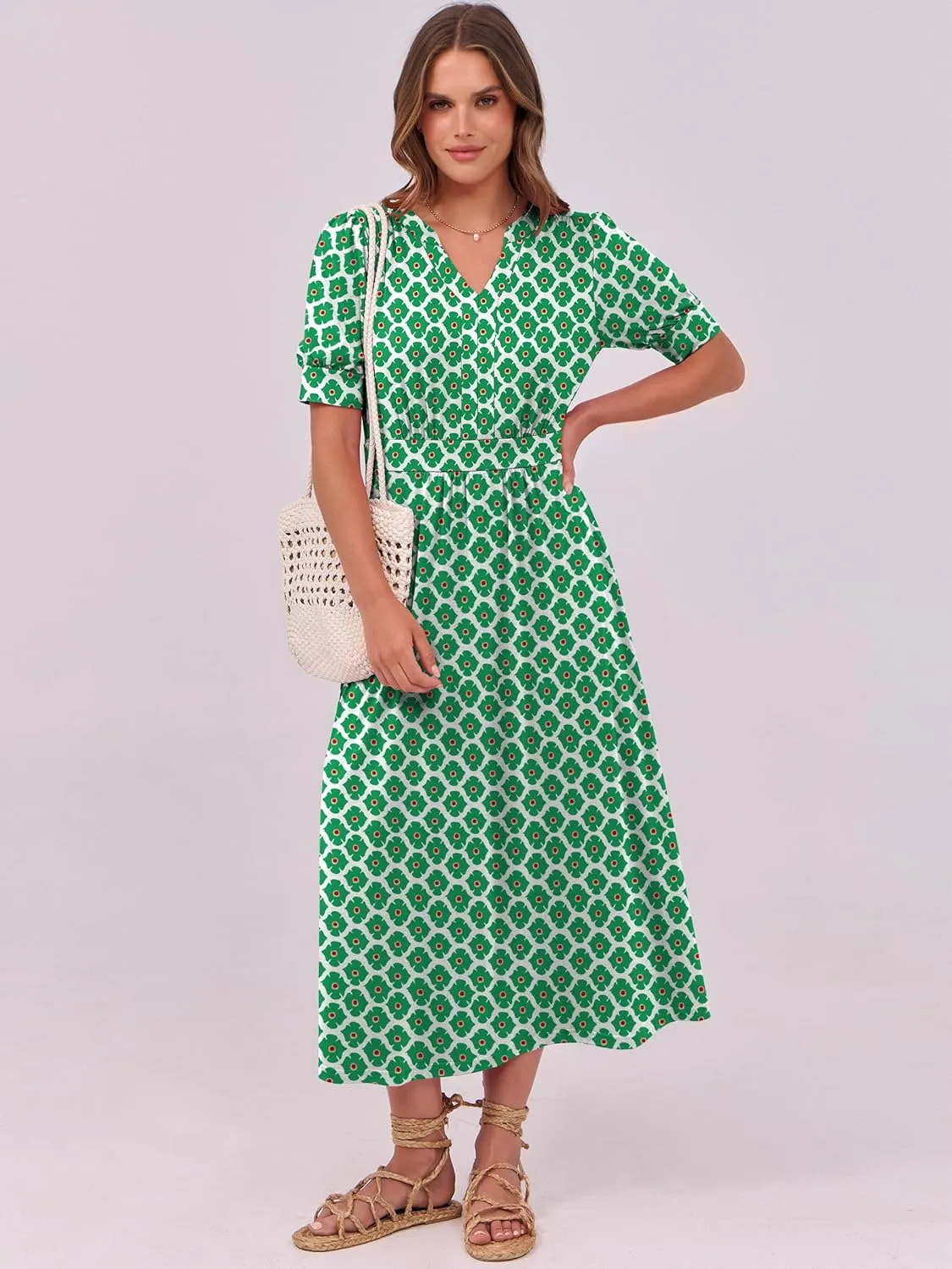 ANRABESS Women Boho Maxi Dresses Summer Short Sleeve V Neck Flowy Swing A-Line Casual Beach Long Dress