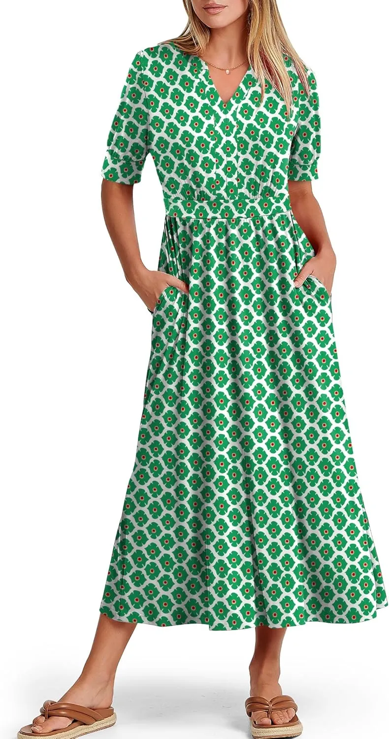 ANRABESS Women Boho Maxi Dresses Summer Short Sleeve V Neck Flowy Swing A-Line Casual Beach Long Dress