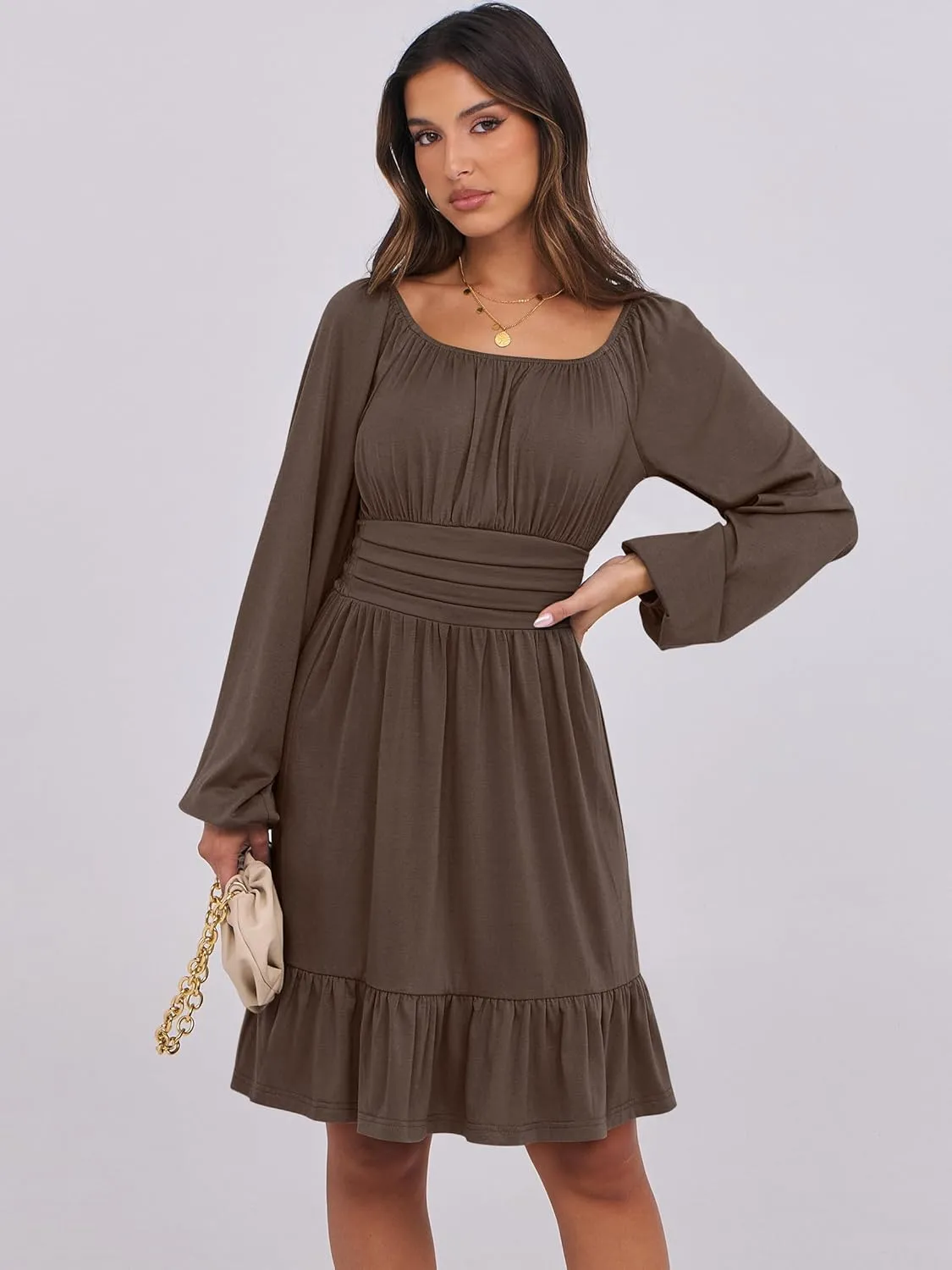 ANRABESS Womens Dress Long Lantern Sleeve Square Neck Elastic Waist Ruffle Flowy Swing A-Line Short Dresses 2025 Fall Fashion