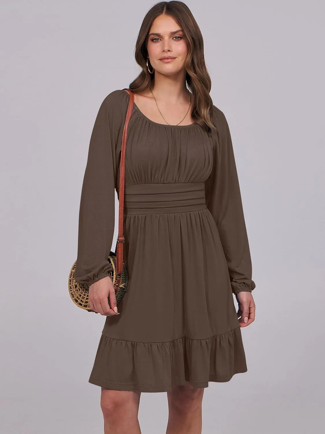 ANRABESS Womens Dress Long Lantern Sleeve Square Neck Elastic Waist Ruffle Flowy Swing A-Line Short Dresses 2025 Fall Fashion
