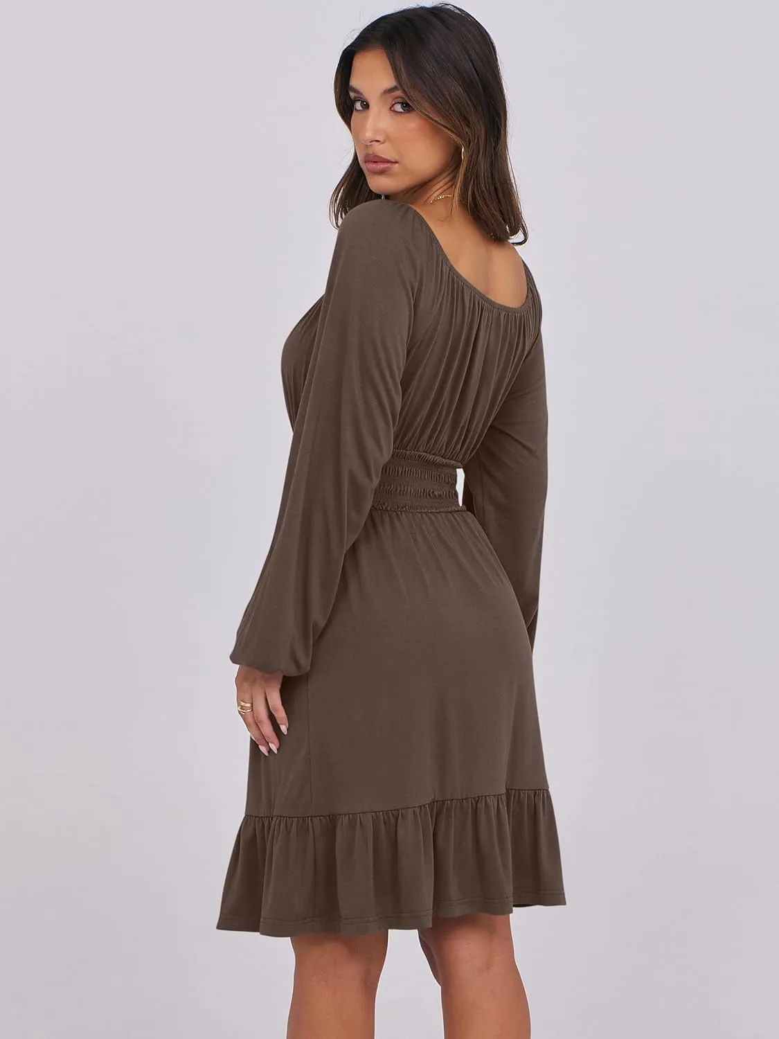 ANRABESS Womens Dress Long Lantern Sleeve Square Neck Elastic Waist Ruffle Flowy Swing A-Line Short Dresses 2025 Fall Fashion
