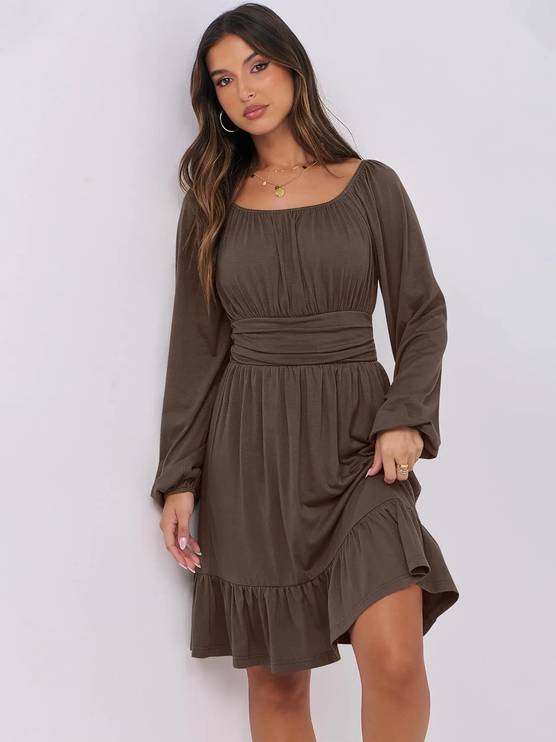 ANRABESS Womens Dress Long Lantern Sleeve Square Neck Elastic Waist Ruffle Flowy Swing A-Line Short Dresses 2025 Fall Fashion