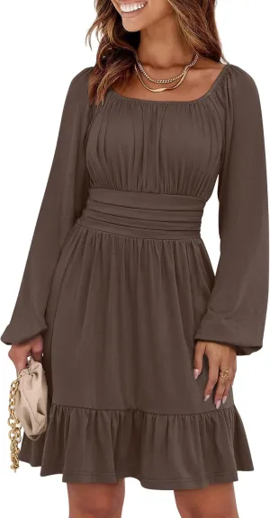ANRABESS Womens Dress Long Lantern Sleeve Square Neck Elastic Waist Ruffle Flowy Swing A-Line Short Dresses 2025 Fall Fashion