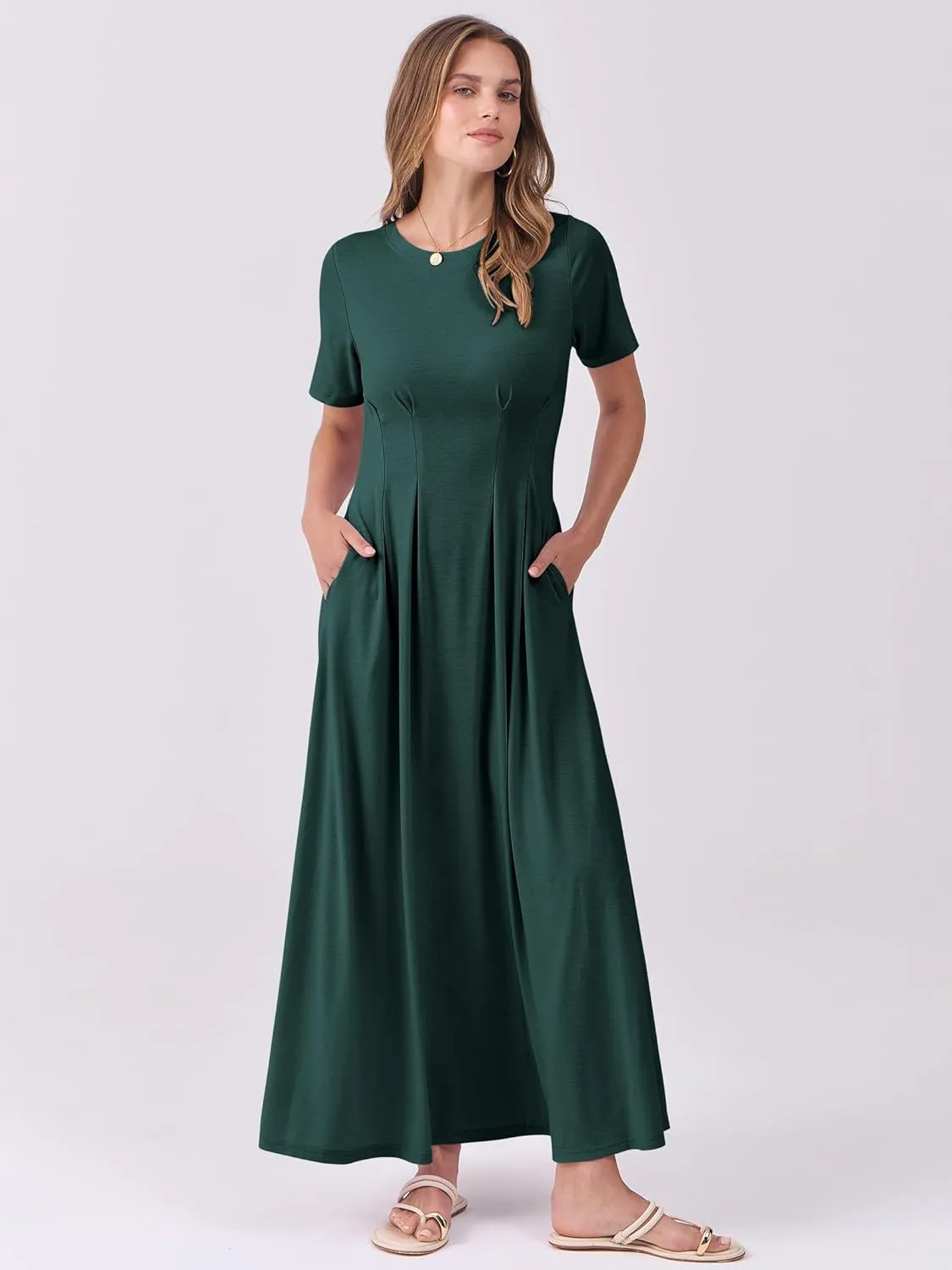 ANRABESS Women's Summer Casual Dress Short Sleeve Crewneck Pleated Waisted Swing Flowy 2025 A Line Beach Maxi Long Dresses