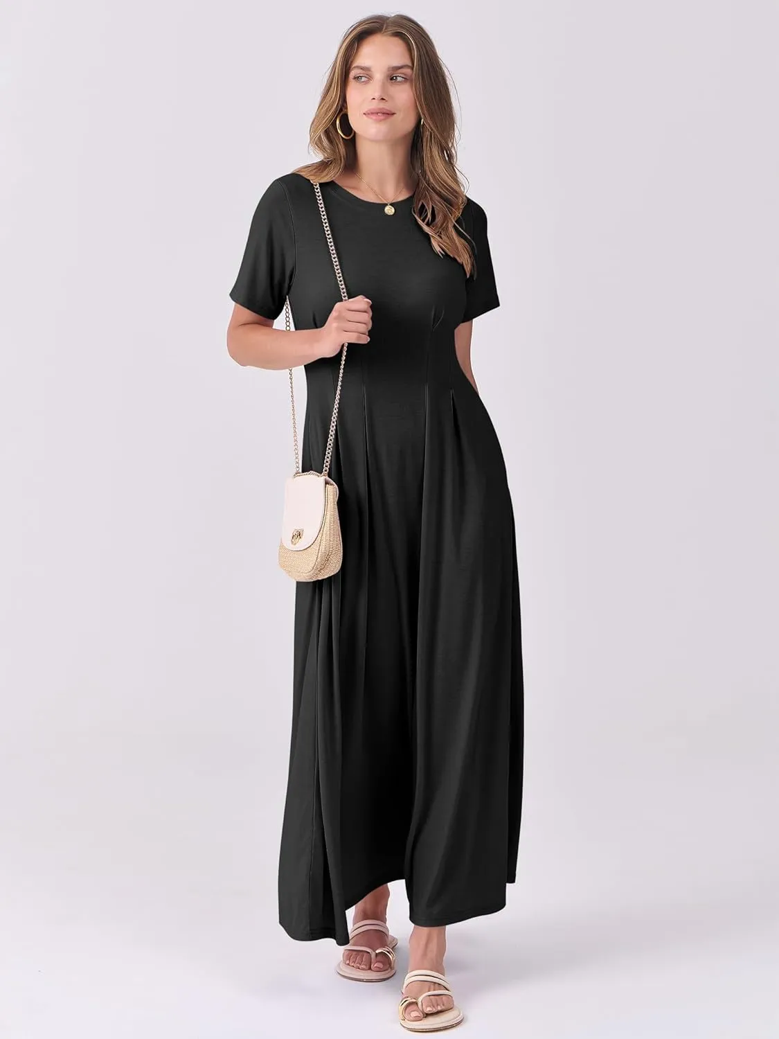 ANRABESS Women's Summer Casual Dress Short Sleeve Crewneck Pleated Waisted Swing Flowy 2025 A Line Beach Maxi Long Dresses