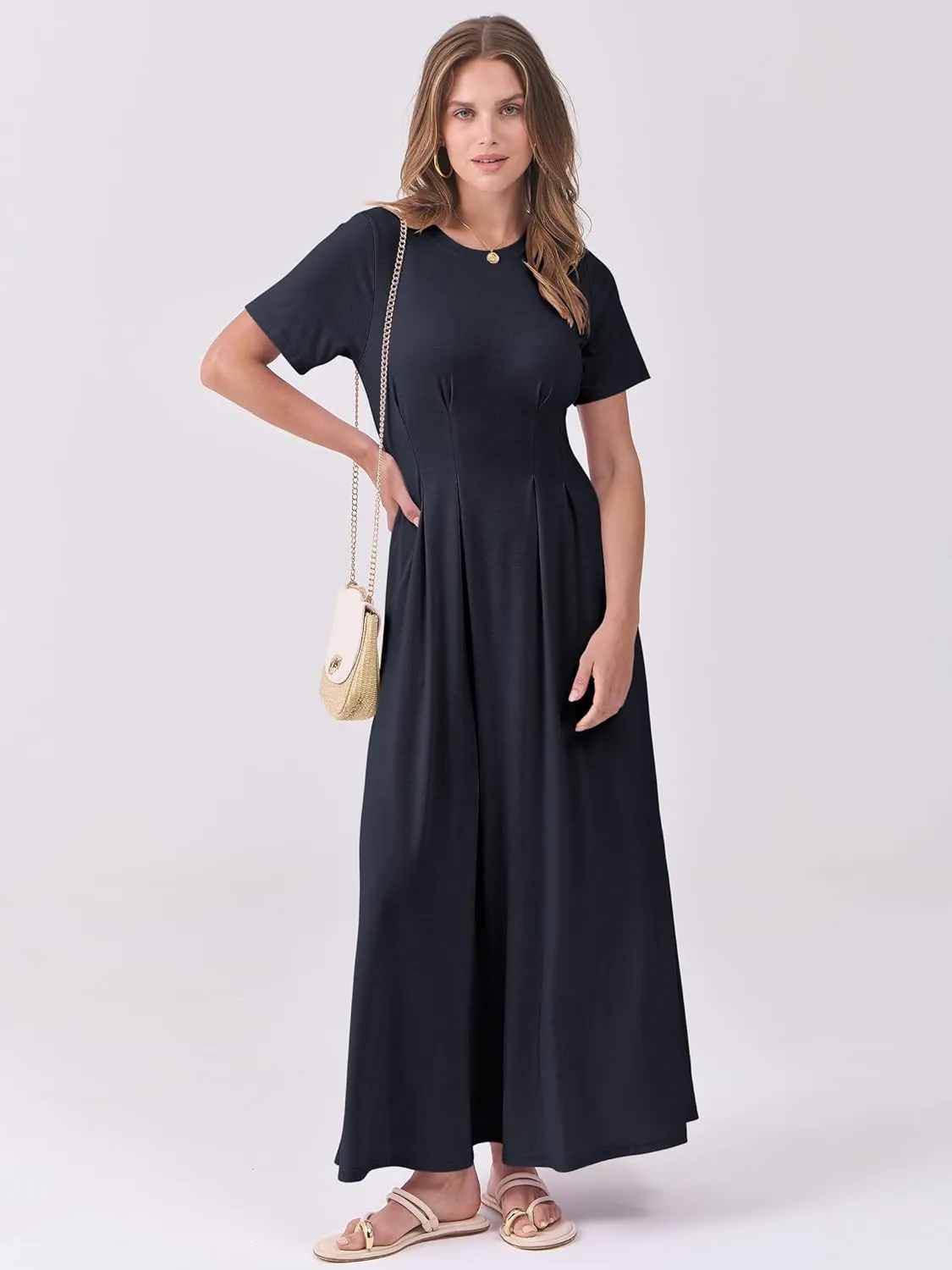 ANRABESS Women's Summer Casual Dress Short Sleeve Crewneck Pleated Waisted Swing Flowy 2025 A Line Beach Maxi Long Dresses