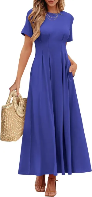 ANRABESS Women's Summer Casual Dress Short Sleeve Crewneck Pleated Waisted Swing Flowy 2025 A Line Beach Maxi Long Dresses