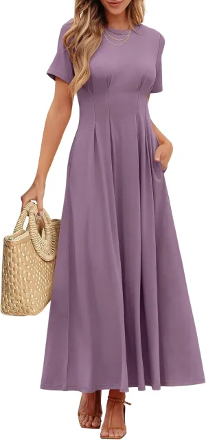 ANRABESS Women's Summer Casual Dress Short Sleeve Crewneck Pleated Waisted Swing Flowy 2025 A Line Beach Maxi Long Dresses