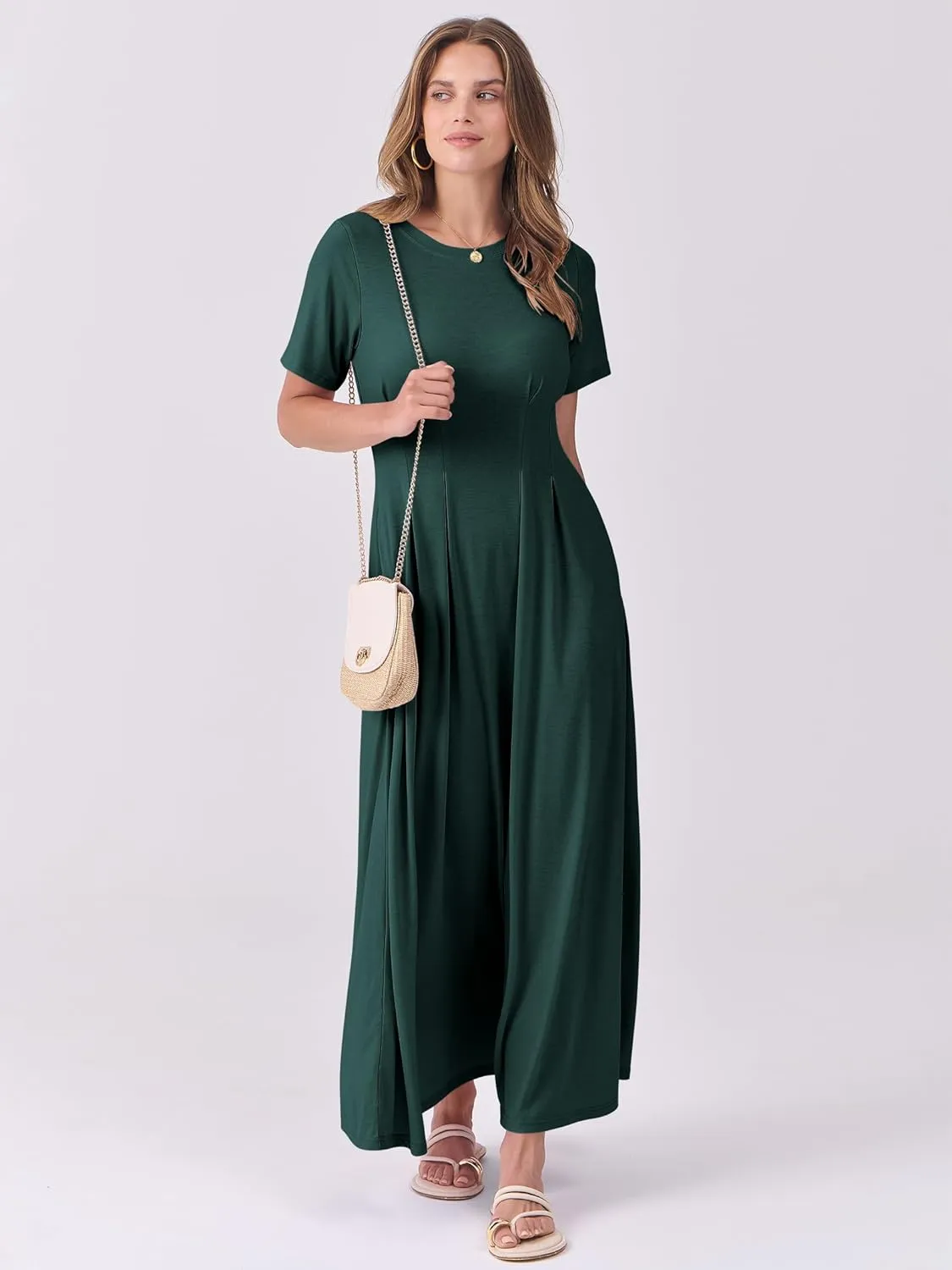 ANRABESS Women's Summer Casual Dress Short Sleeve Crewneck Pleated Waisted Swing Flowy 2025 A Line Beach Maxi Long Dresses