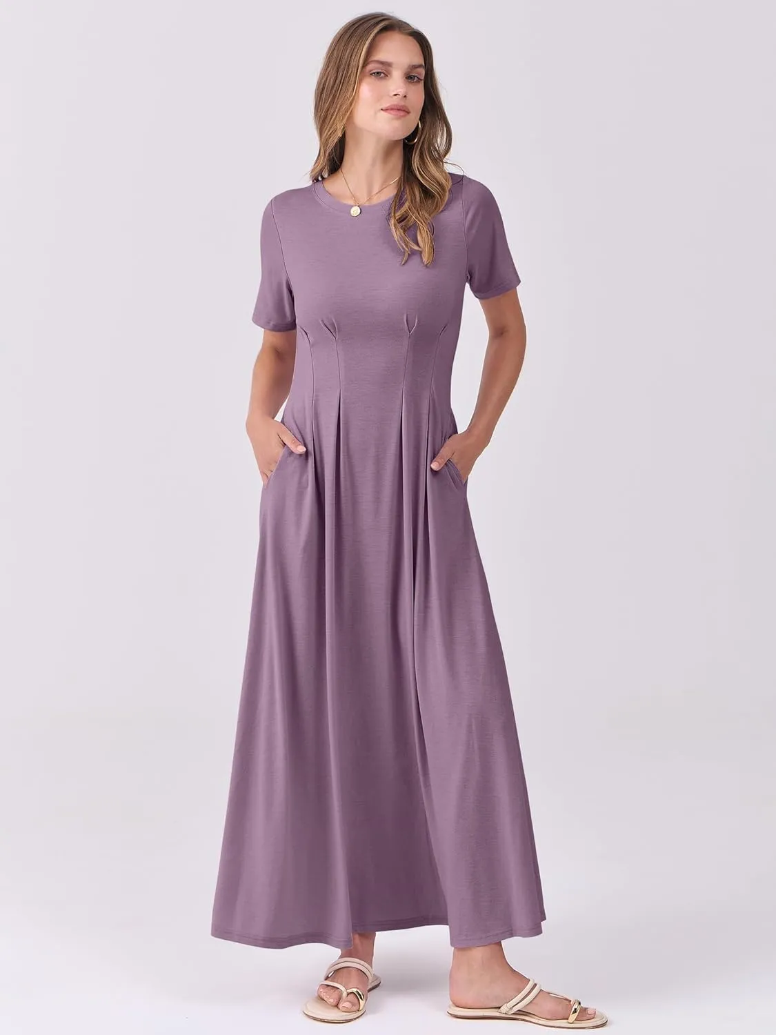 ANRABESS Women's Summer Casual Dress Short Sleeve Crewneck Pleated Waisted Swing Flowy 2025 A Line Beach Maxi Long Dresses