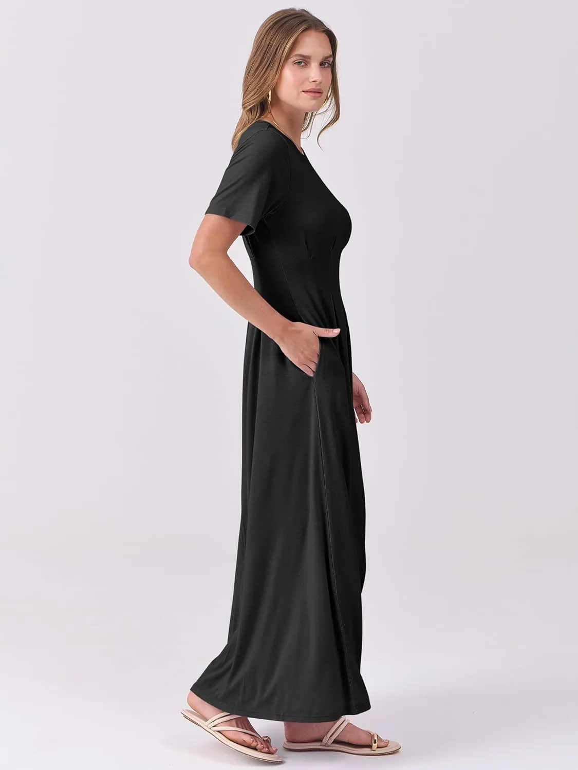 ANRABESS Women's Summer Casual Dress Short Sleeve Crewneck Pleated Waisted Swing Flowy 2025 A Line Beach Maxi Long Dresses