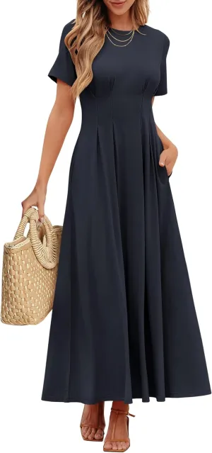 ANRABESS Women's Summer Casual Dress Short Sleeve Crewneck Pleated Waisted Swing Flowy 2025 A Line Beach Maxi Long Dresses