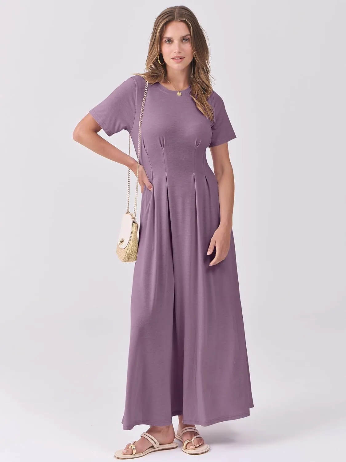 ANRABESS Women's Summer Casual Dress Short Sleeve Crewneck Pleated Waisted Swing Flowy 2025 A Line Beach Maxi Long Dresses