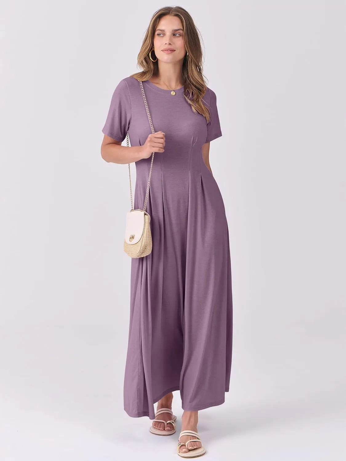 ANRABESS Women's Summer Casual Dress Short Sleeve Crewneck Pleated Waisted Swing Flowy 2025 A Line Beach Maxi Long Dresses