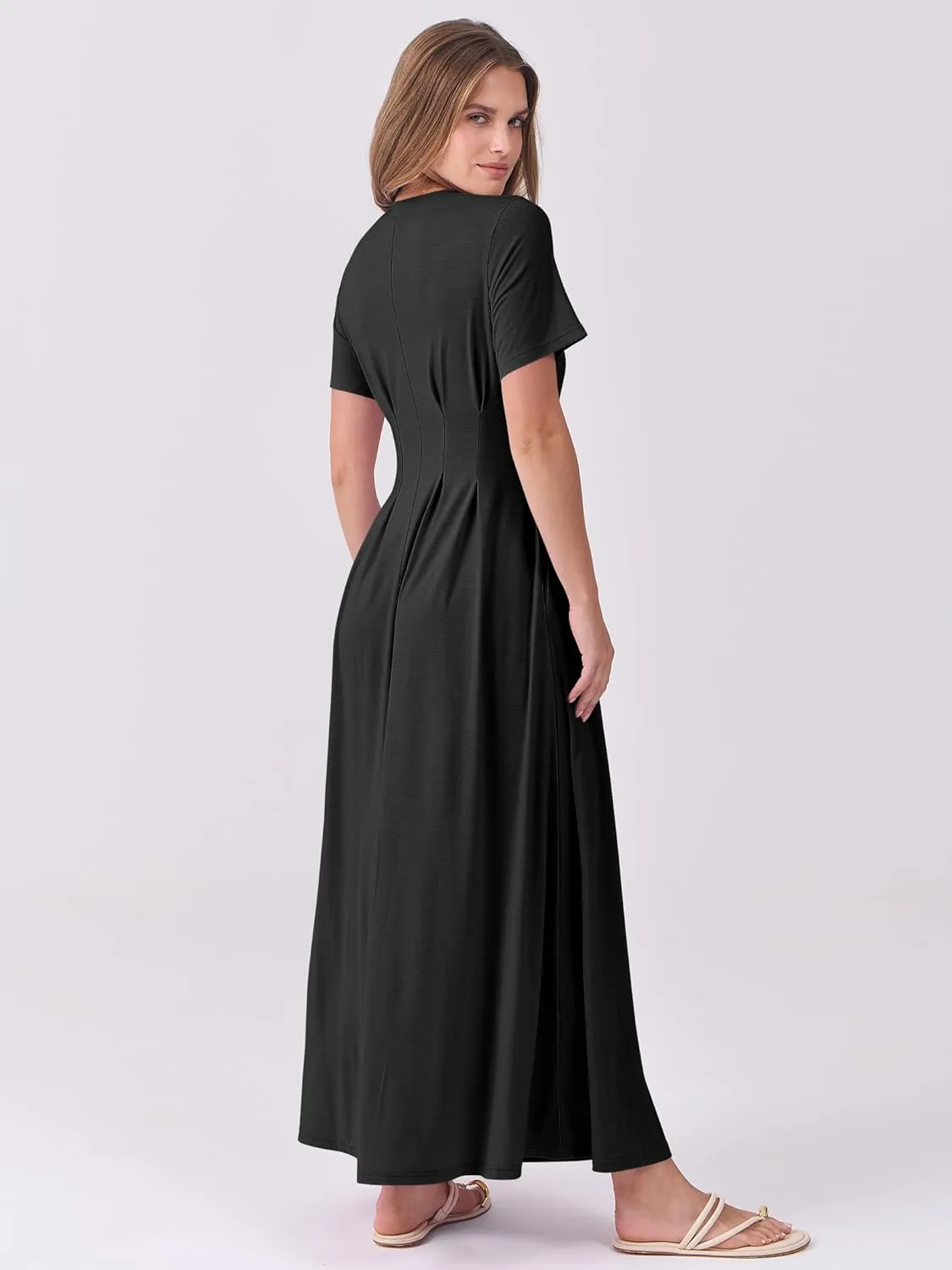 ANRABESS Women's Summer Casual Dress Short Sleeve Crewneck Pleated Waisted Swing Flowy 2025 A Line Beach Maxi Long Dresses