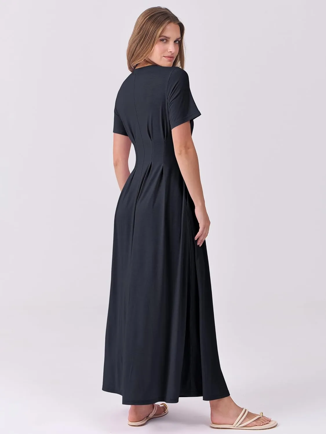 ANRABESS Women's Summer Casual Dress Short Sleeve Crewneck Pleated Waisted Swing Flowy 2025 A Line Beach Maxi Long Dresses