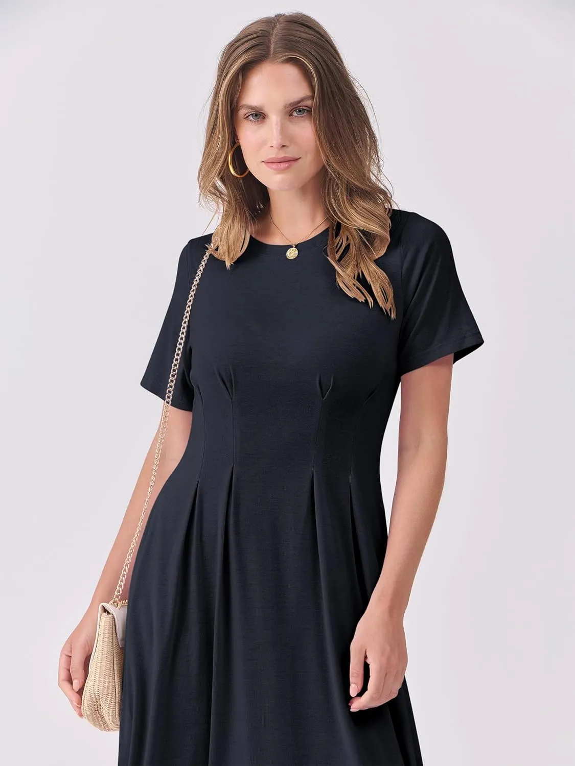 ANRABESS Women's Summer Casual Dress Short Sleeve Crewneck Pleated Waisted Swing Flowy 2025 A Line Beach Maxi Long Dresses