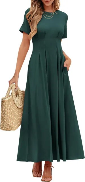 ANRABESS Women's Summer Casual Dress Short Sleeve Crewneck Pleated Waisted Swing Flowy 2025 A Line Beach Maxi Long Dresses