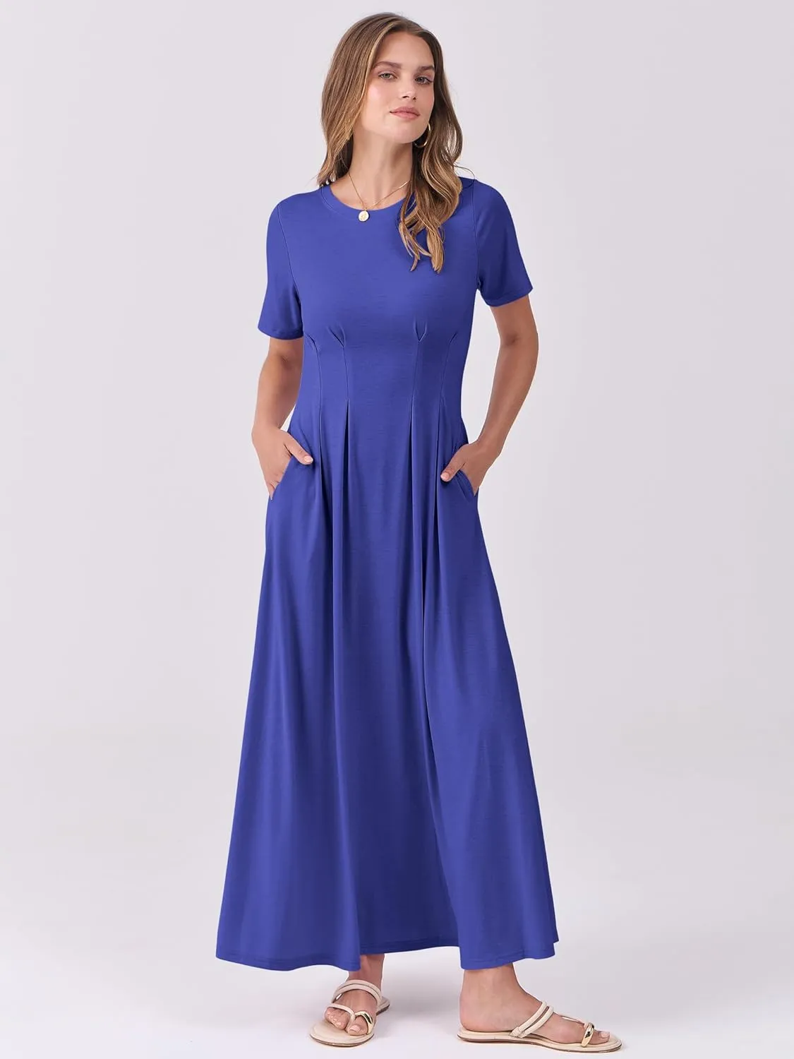ANRABESS Women's Summer Casual Dress Short Sleeve Crewneck Pleated Waisted Swing Flowy 2025 A Line Beach Maxi Long Dresses