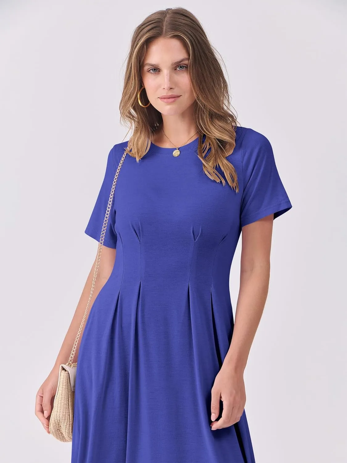 ANRABESS Women's Summer Casual Dress Short Sleeve Crewneck Pleated Waisted Swing Flowy 2025 A Line Beach Maxi Long Dresses