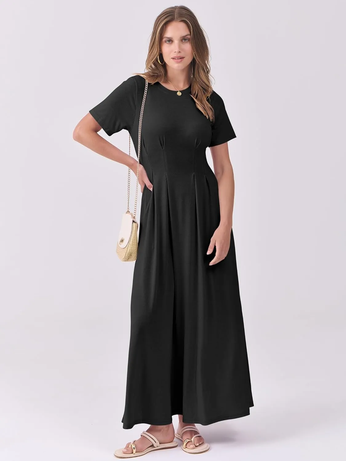 ANRABESS Women's Summer Casual Dress Short Sleeve Crewneck Pleated Waisted Swing Flowy 2025 A Line Beach Maxi Long Dresses