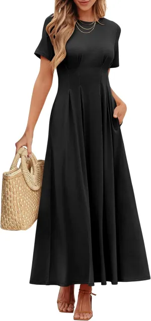 ANRABESS Women's Summer Casual Dress Short Sleeve Crewneck Pleated Waisted Swing Flowy 2025 A Line Beach Maxi Long Dresses