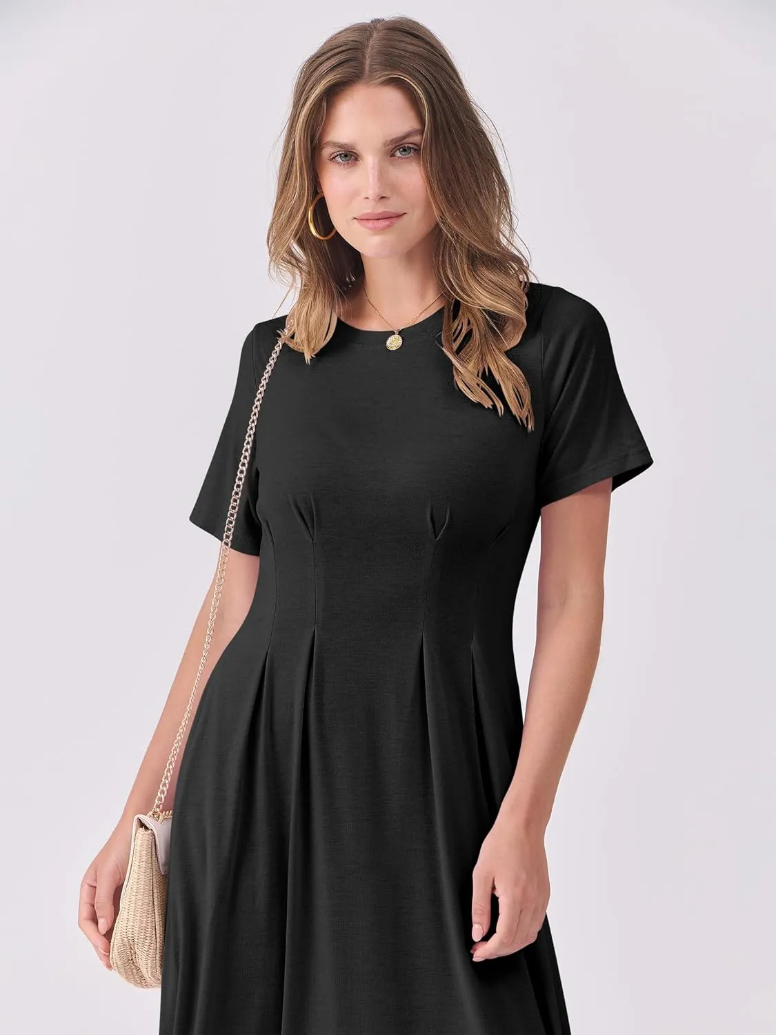 ANRABESS Women's Summer Casual Dress Short Sleeve Crewneck Pleated Waisted Swing Flowy 2025 A Line Beach Maxi Long Dresses