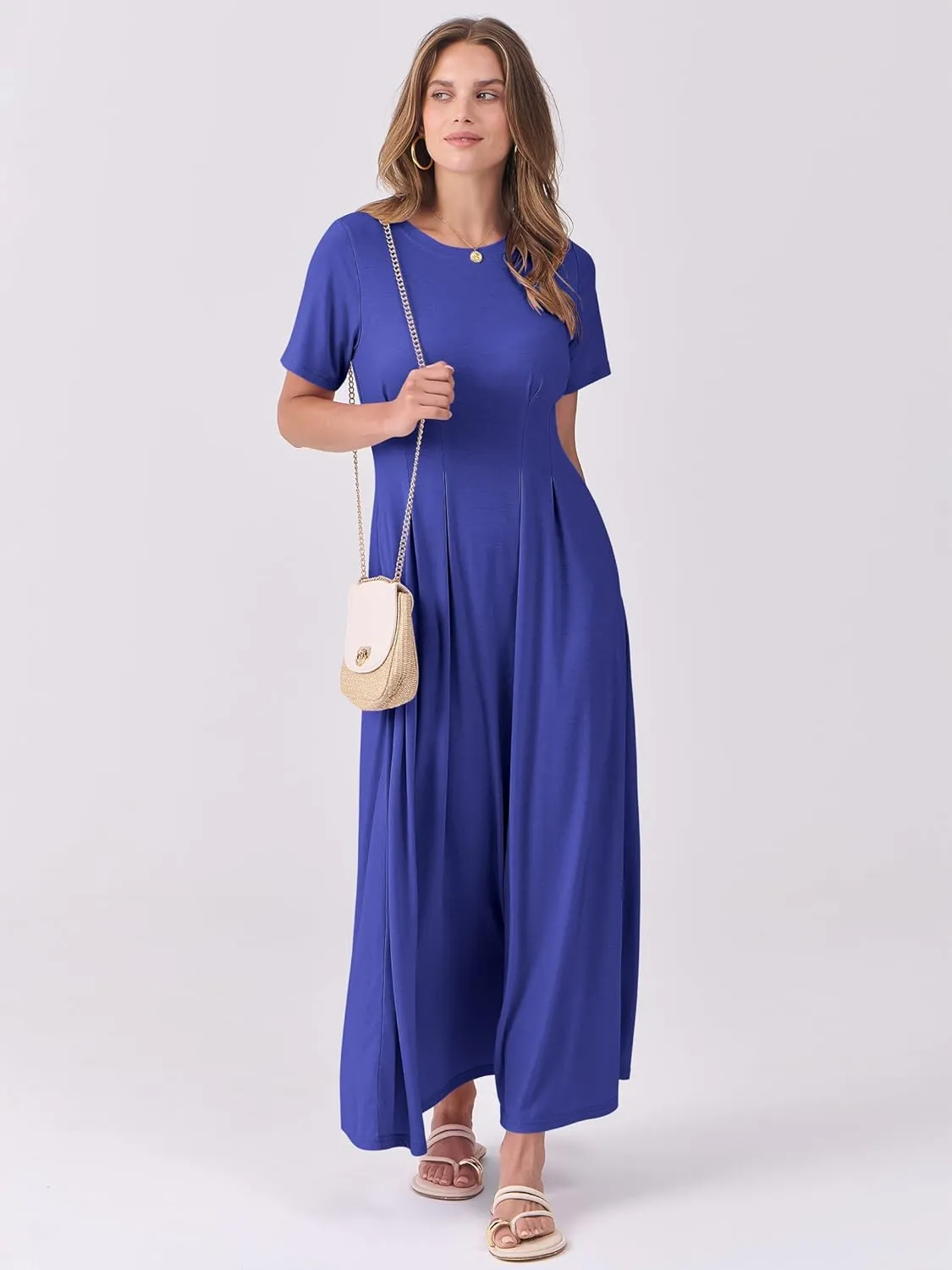 ANRABESS Women's Summer Casual Dress Short Sleeve Crewneck Pleated Waisted Swing Flowy 2025 A Line Beach Maxi Long Dresses