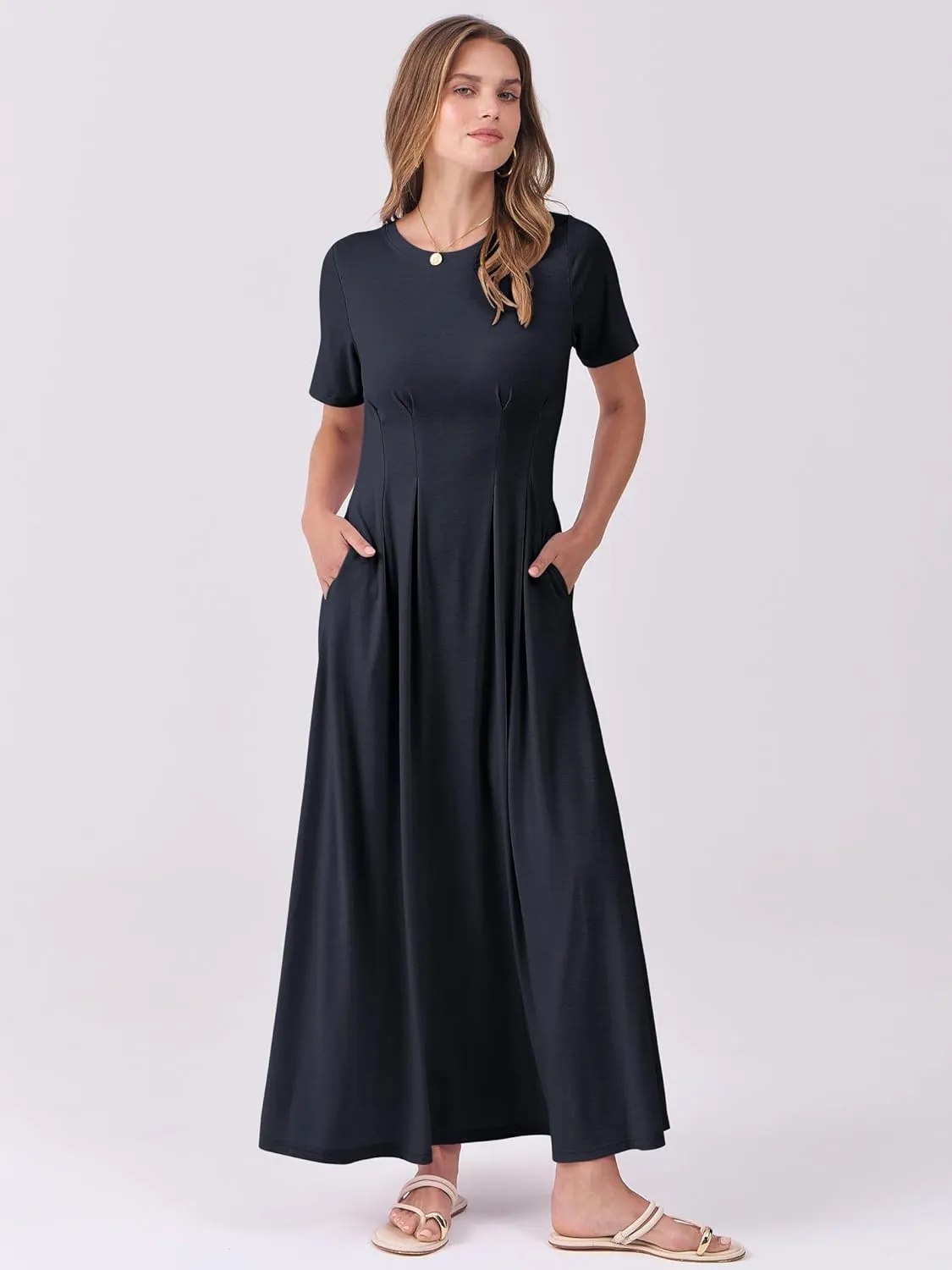 ANRABESS Women's Summer Casual Dress Short Sleeve Crewneck Pleated Waisted Swing Flowy 2025 A Line Beach Maxi Long Dresses