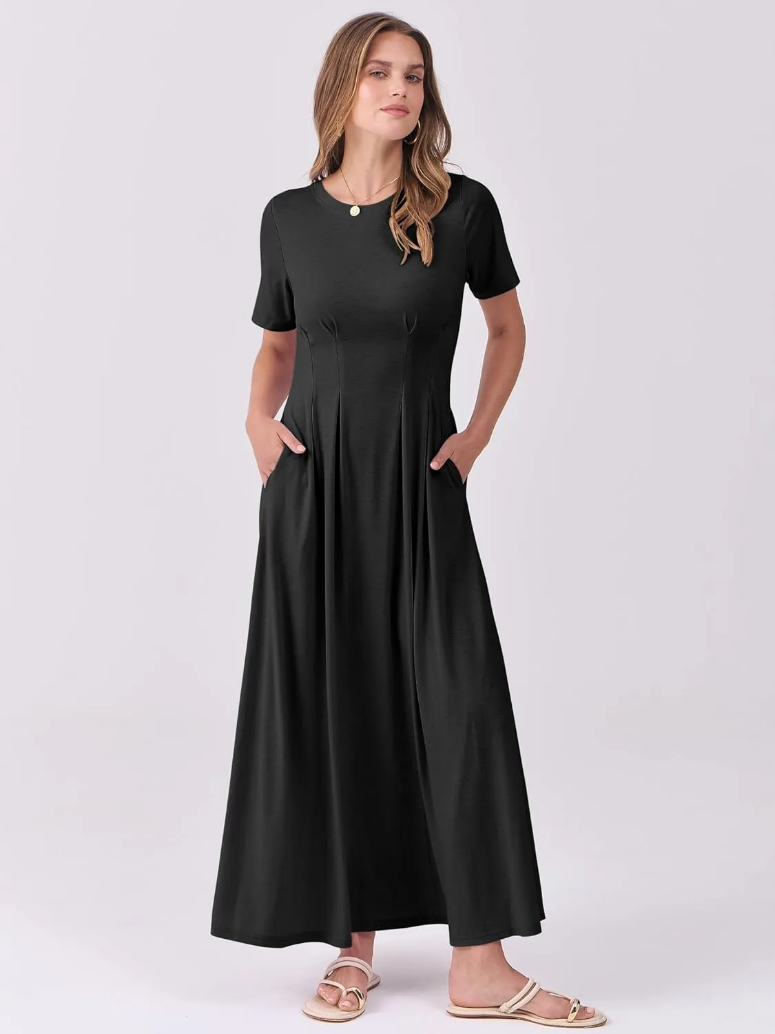 ANRABESS Women's Summer Casual Dress Short Sleeve Crewneck Pleated Waisted Swing Flowy 2025 A Line Beach Maxi Long Dresses
