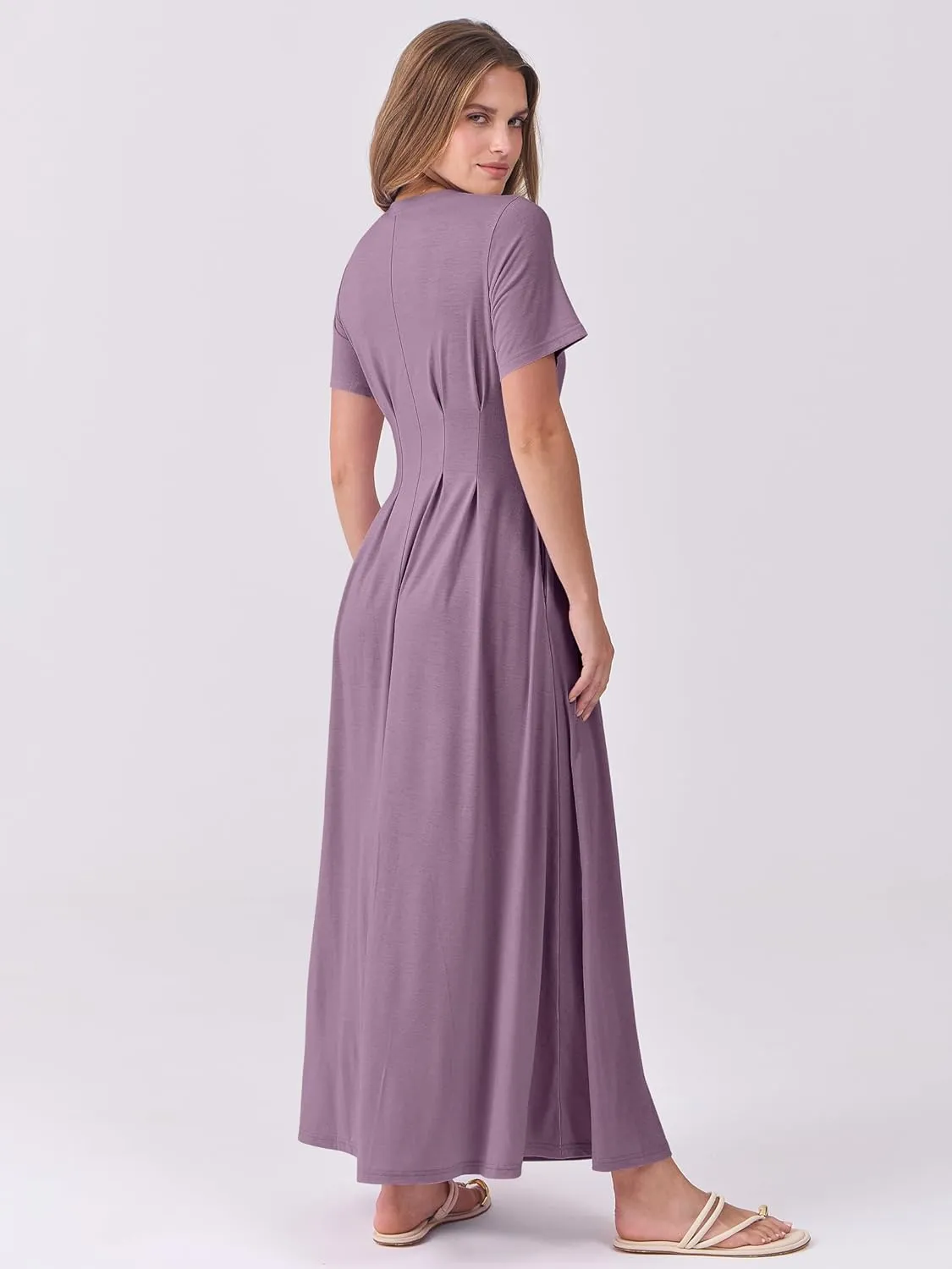 ANRABESS Women's Summer Casual Dress Short Sleeve Crewneck Pleated Waisted Swing Flowy 2025 A Line Beach Maxi Long Dresses