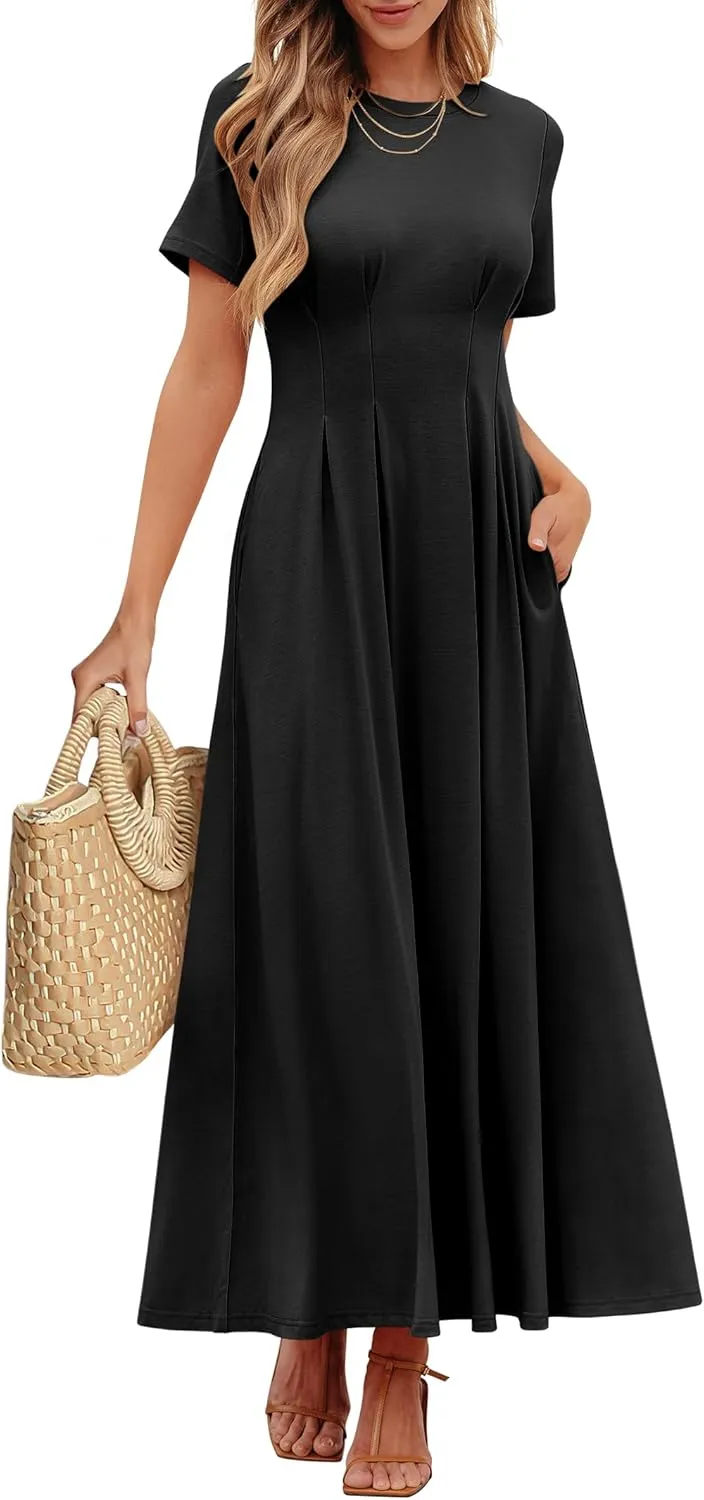 ANRABESS Women's Summer Casual Dress Short Sleeve Crewneck Pleated Waisted Swing Flowy 2025 A Line Beach Maxi Long Dresses