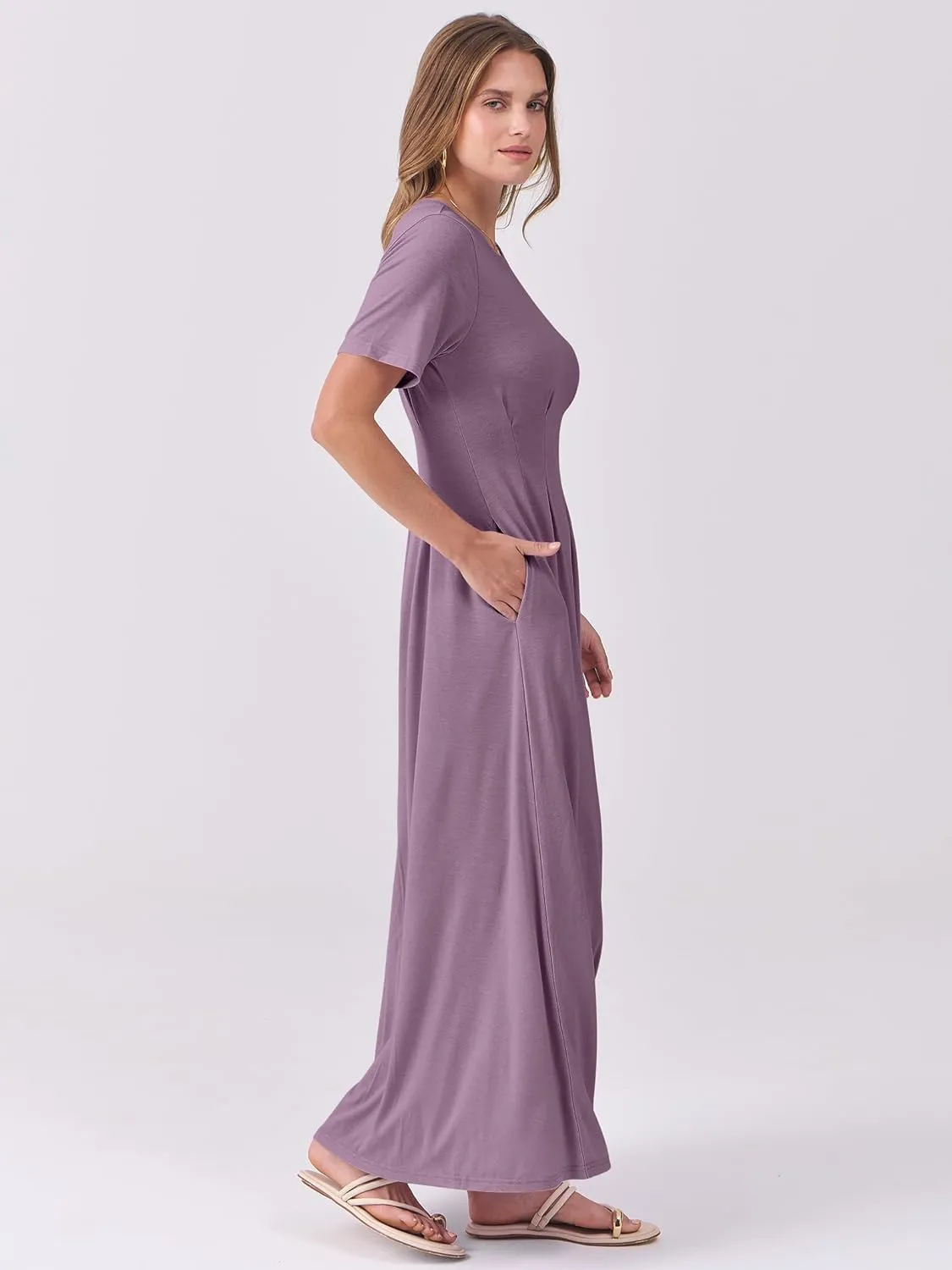 ANRABESS Women's Summer Casual Dress Short Sleeve Crewneck Pleated Waisted Swing Flowy 2025 A Line Beach Maxi Long Dresses