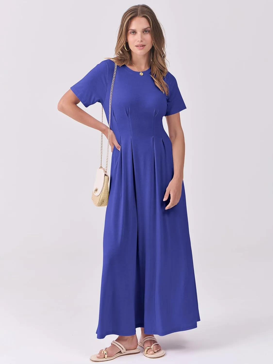 ANRABESS Women's Summer Casual Dress Short Sleeve Crewneck Pleated Waisted Swing Flowy 2025 A Line Beach Maxi Long Dresses