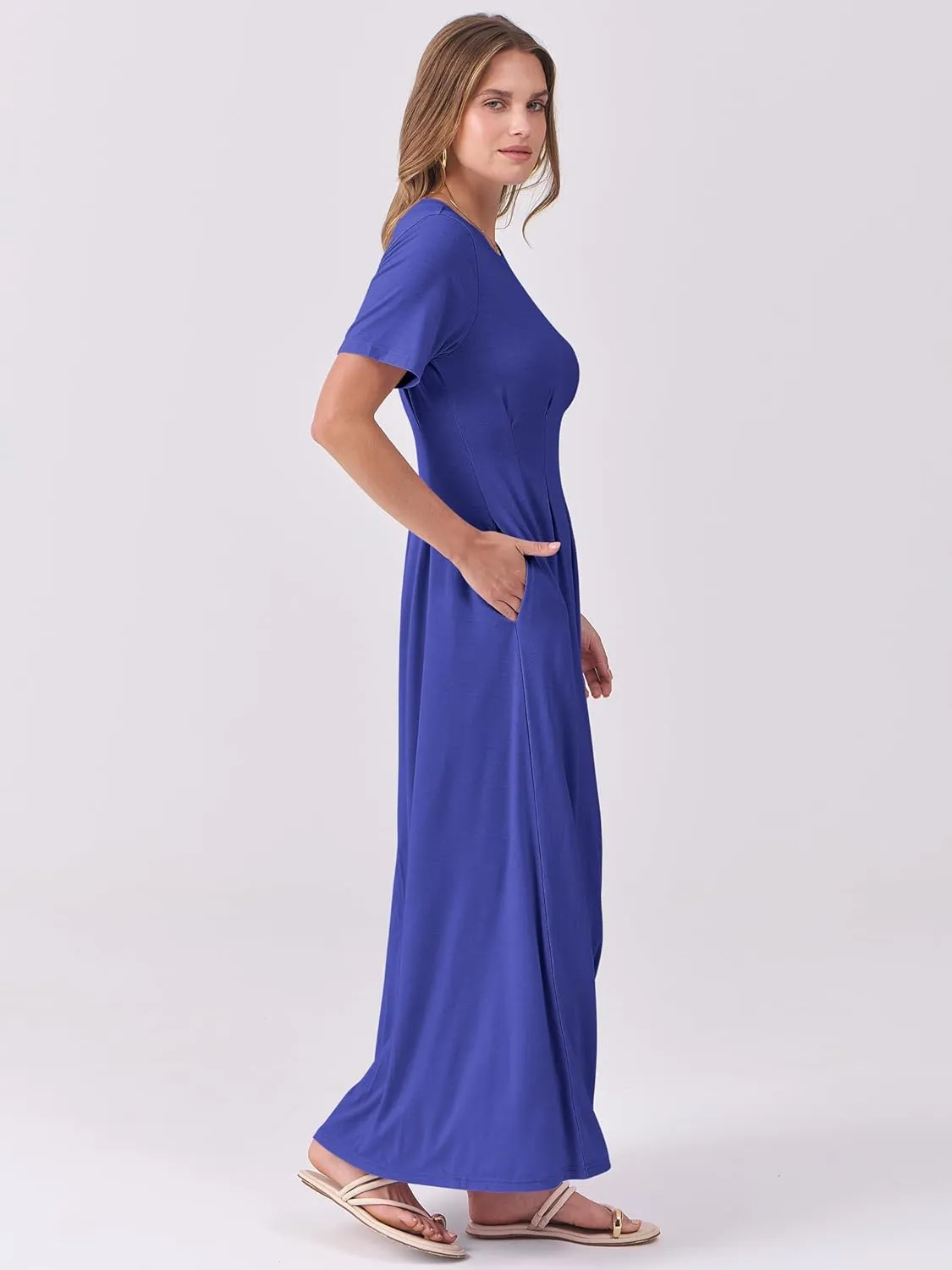 ANRABESS Women's Summer Casual Dress Short Sleeve Crewneck Pleated Waisted Swing Flowy 2025 A Line Beach Maxi Long Dresses