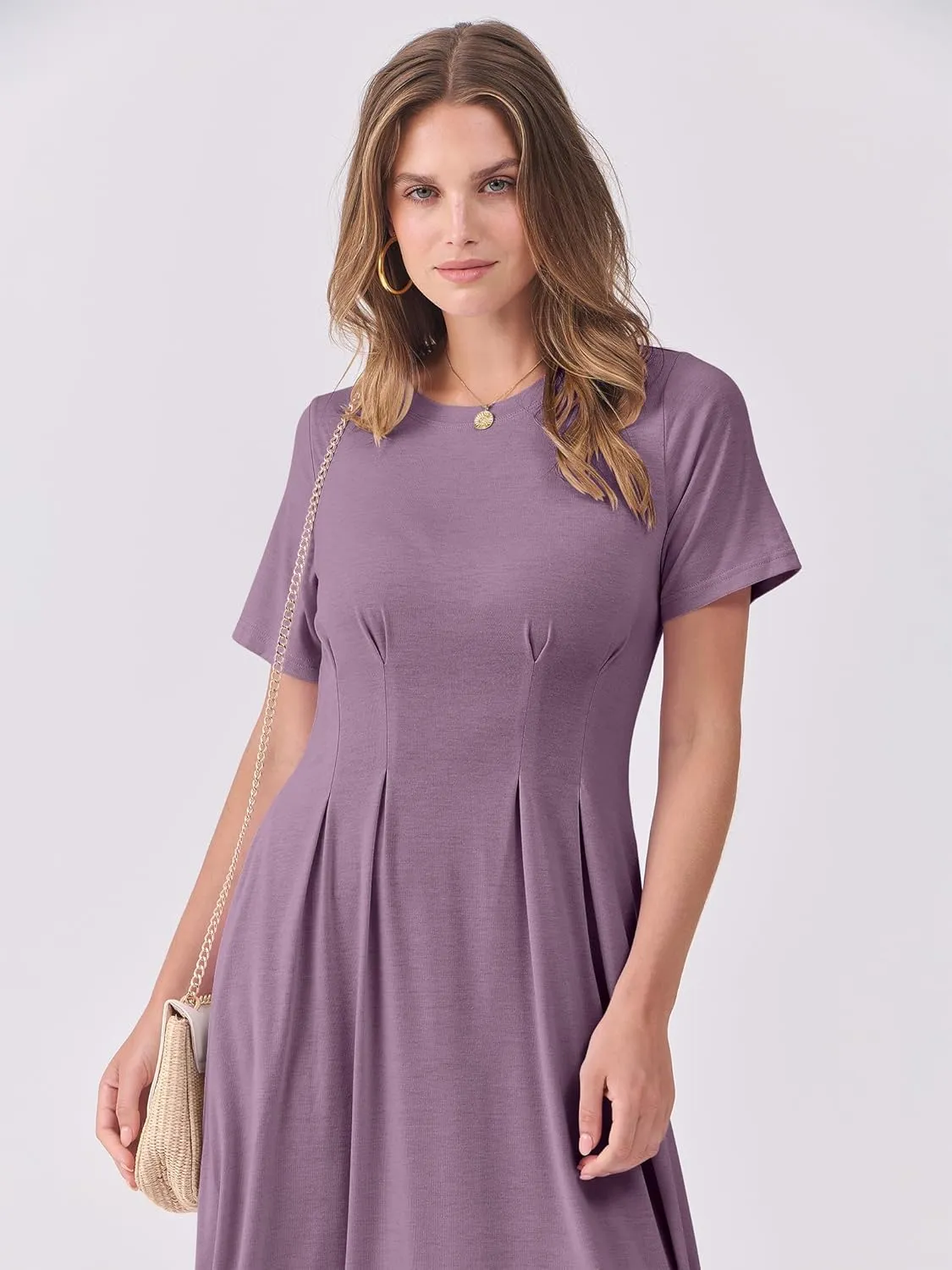 ANRABESS Women's Summer Casual Dress Short Sleeve Crewneck Pleated Waisted Swing Flowy 2025 A Line Beach Maxi Long Dresses