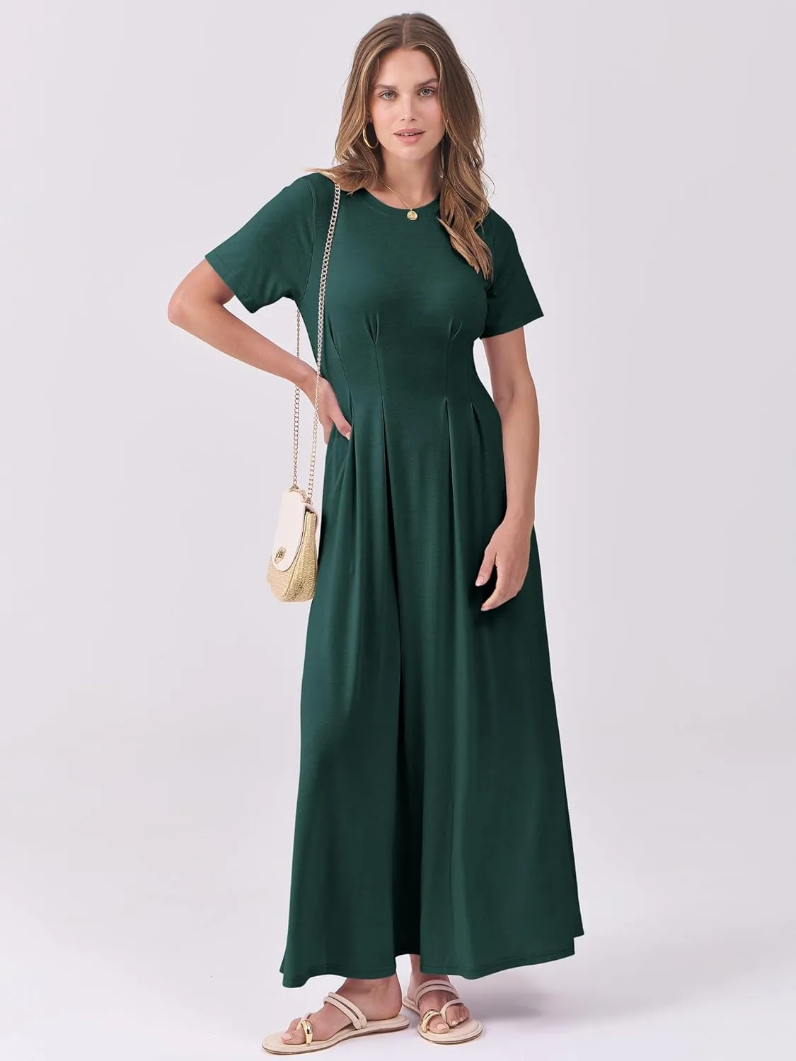 ANRABESS Women's Summer Casual Dress Short Sleeve Crewneck Pleated Waisted Swing Flowy 2025 A Line Beach Maxi Long Dresses