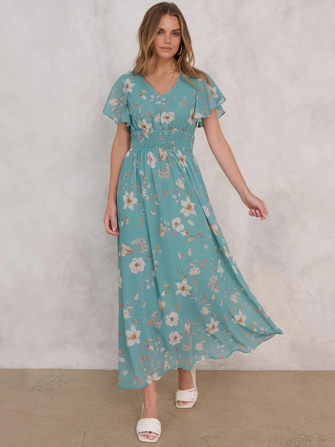 ANRABESS Womens Summer Floral Maxi Dress Casual V Neck Short Sleeve Chiffon Boho Flowy Beach 2025 Wedding Guest Long Dresses