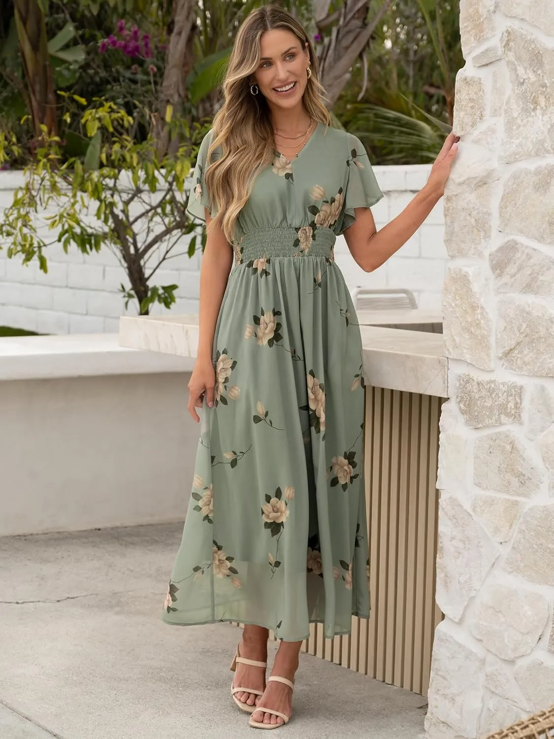 ANRABESS Womens Summer Floral Maxi Dress Casual V Neck Short Sleeve Chiffon Boho Flowy Beach 2025 Wedding Guest Long Dresses