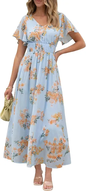 ANRABESS Womens Summer Floral Maxi Dress Casual V Neck Short Sleeve Chiffon Boho Flowy Beach 2025 Wedding Guest Long Dresses