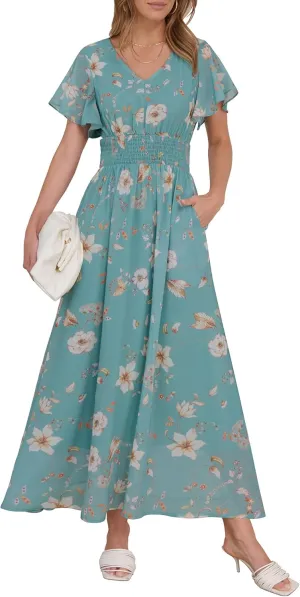 ANRABESS Womens Summer Floral Maxi Dress Casual V Neck Short Sleeve Chiffon Boho Flowy Beach 2025 Wedding Guest Long Dresses
